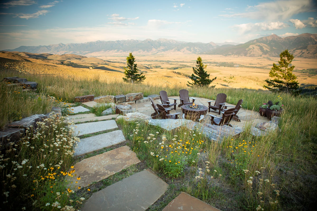 walkway to firepit surrounded by native plantings