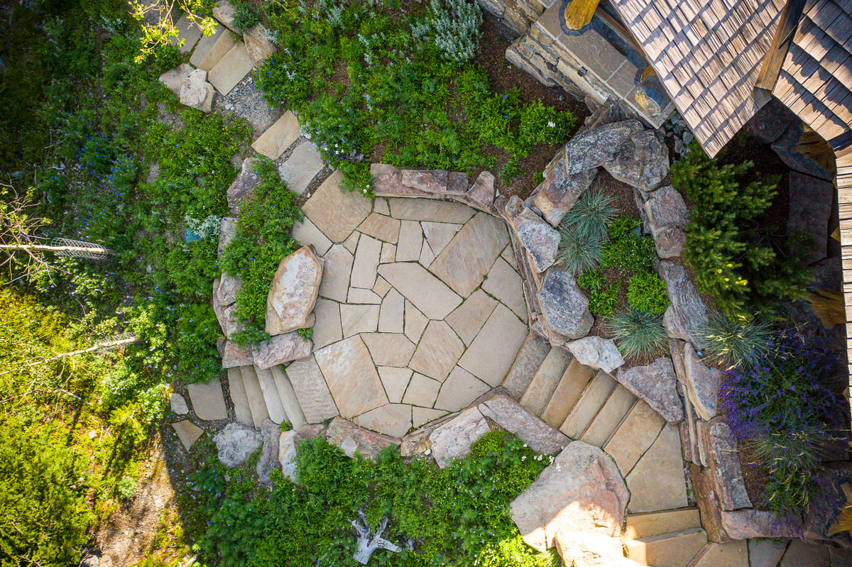aerial photo of patio with steps walls plantings and walkways