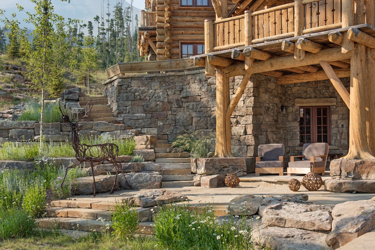 Home and landscape with retaining wall and steps