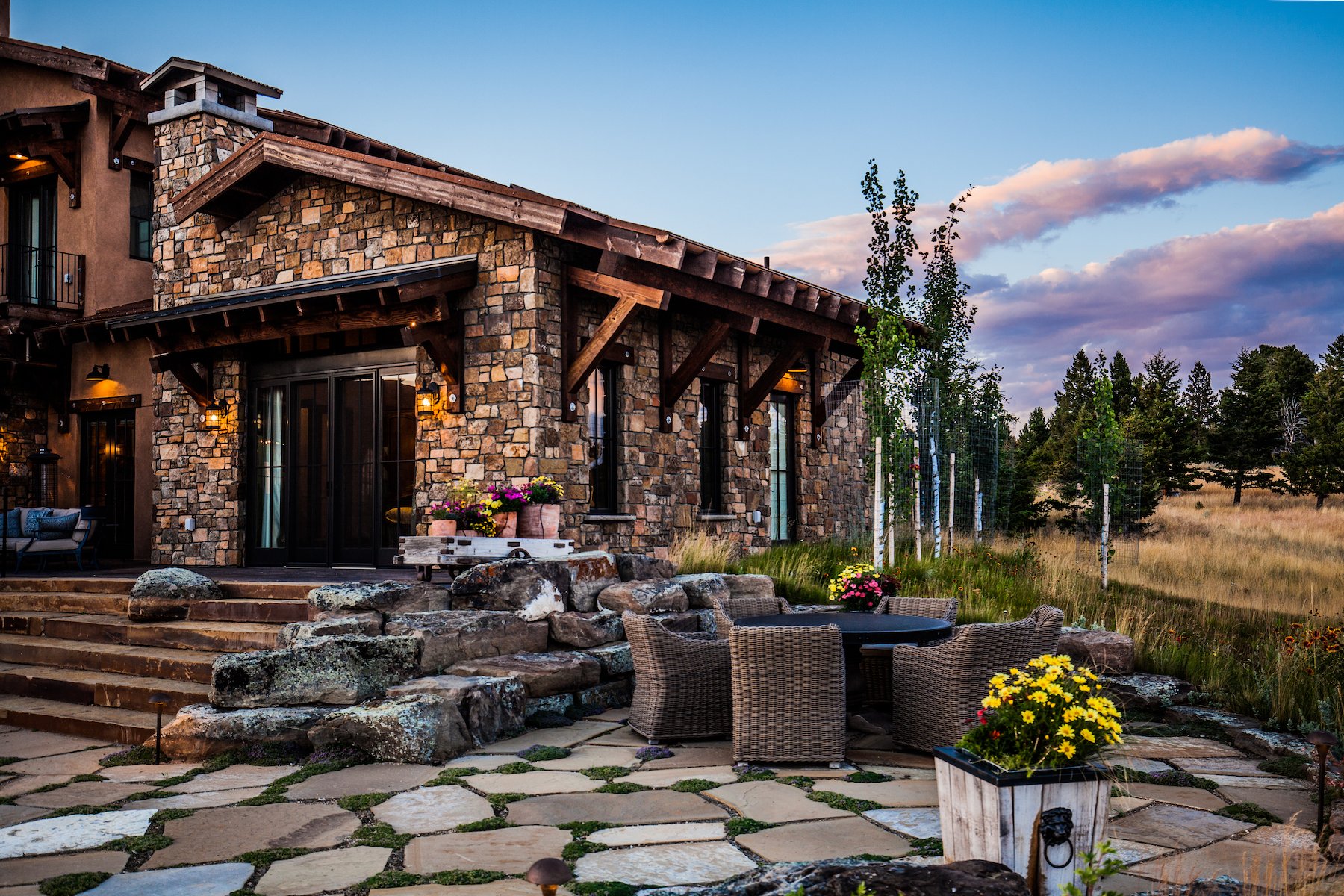 Natural stone patio and flowers