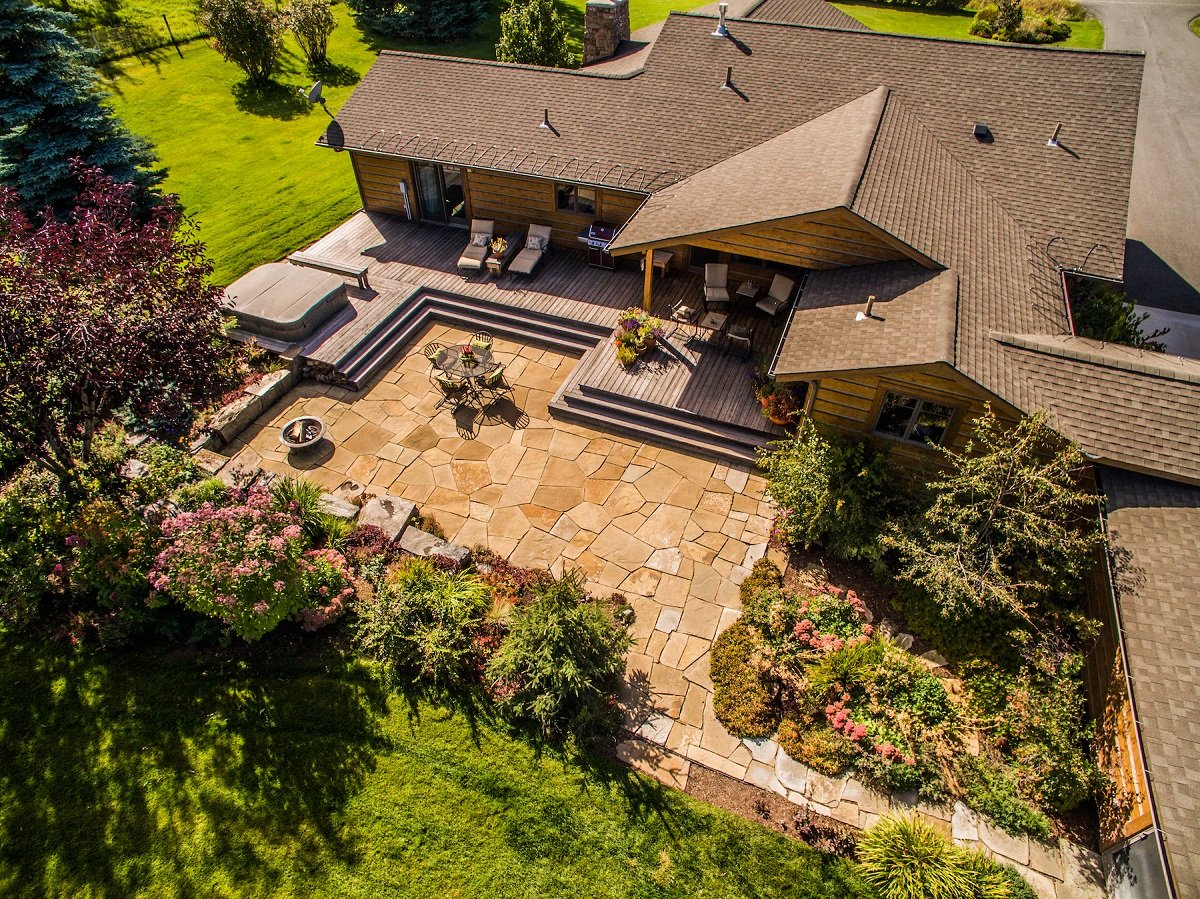 earial view of patio and landscape designed by landscape designer in Bozeman, Montana