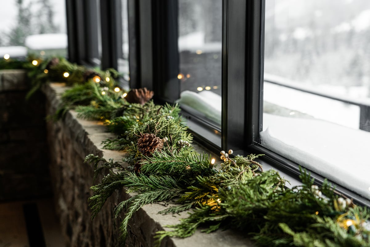live garland on windows for holiday decor