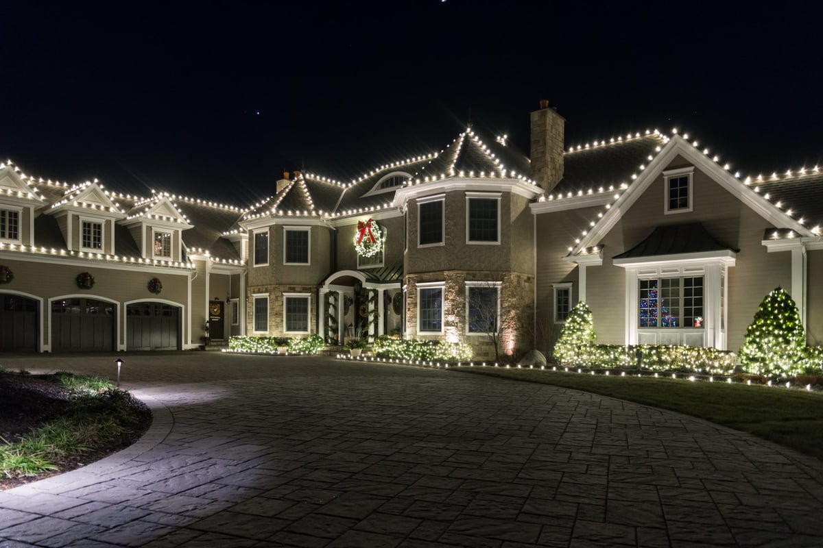 holiday lighting on roof and bushes