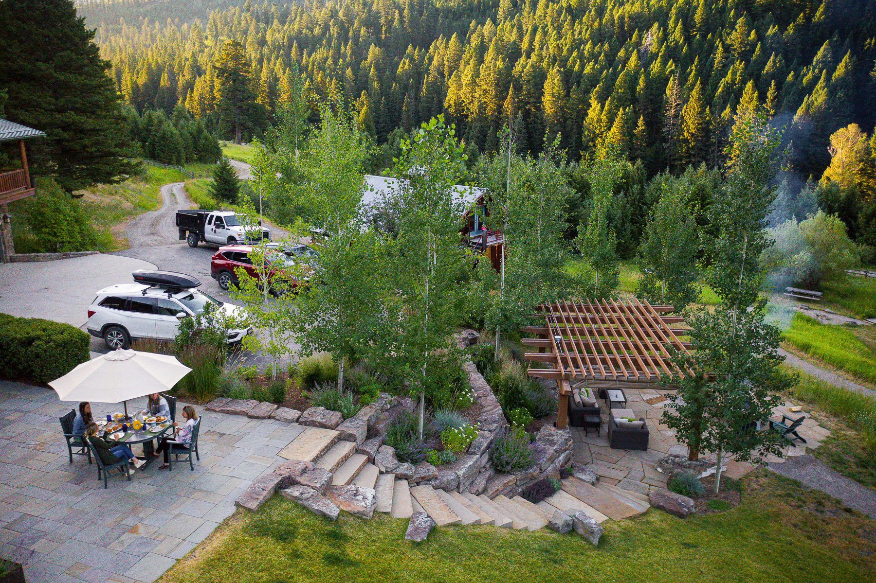 Pergola over patio and seating area for shade