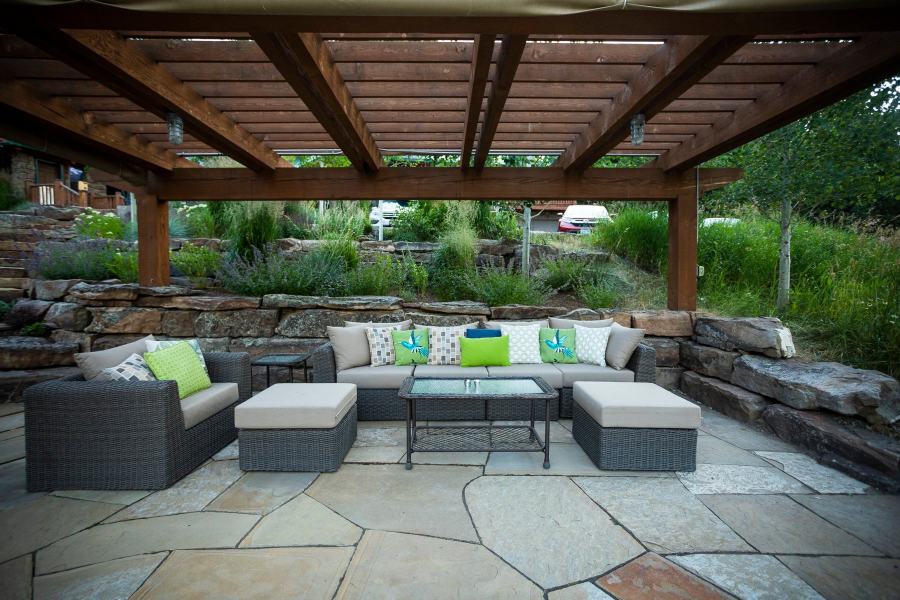 Natural stone patio and pergola