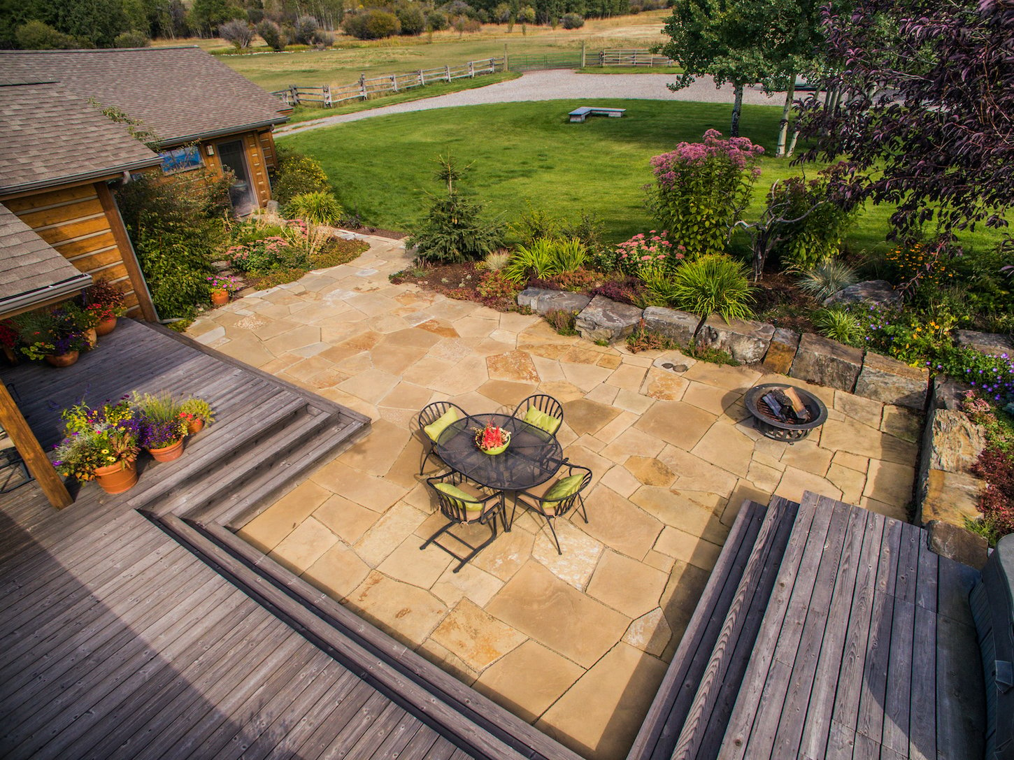 aerial view of patio designed by landscape designer in Bozeman, MT